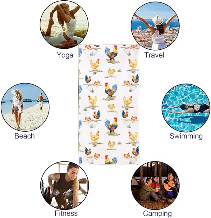 Country Rooster Pattern Beach Towel 36"x72" Quick-Dry Sand-Free Soft Microfiber
