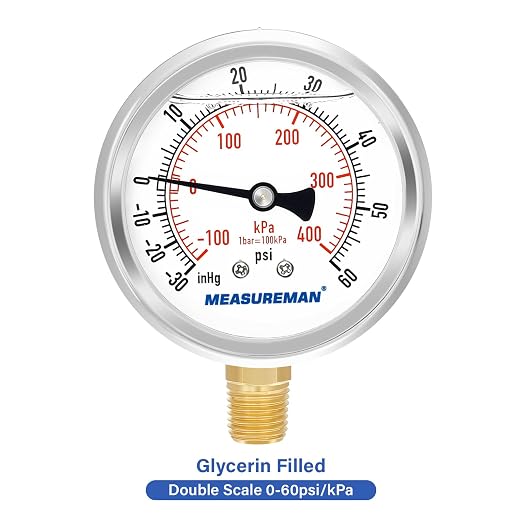 MEASUREMAN 2-1/2" Dial Size, Glycerin Filled Pressure Gauge, 30inHG-60psi - Image 3