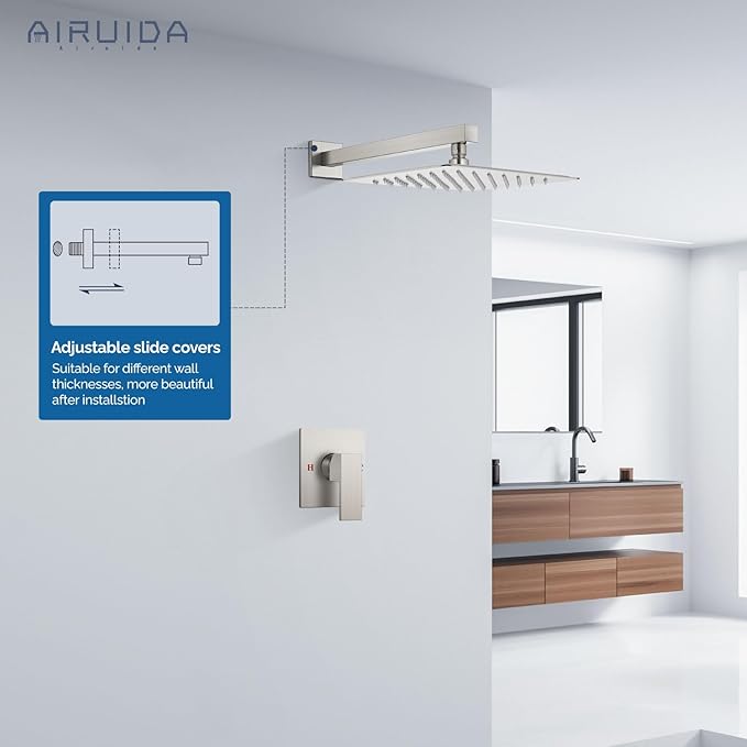 Airuida Shower Faucet Set Bathroom Rain Shower System SUS304 Stainless Steel Single Handle With Male Threads Rough-in Valve Shower Trim Kit 10 Inch Wall Mount Shower Head Brushed Nickel
