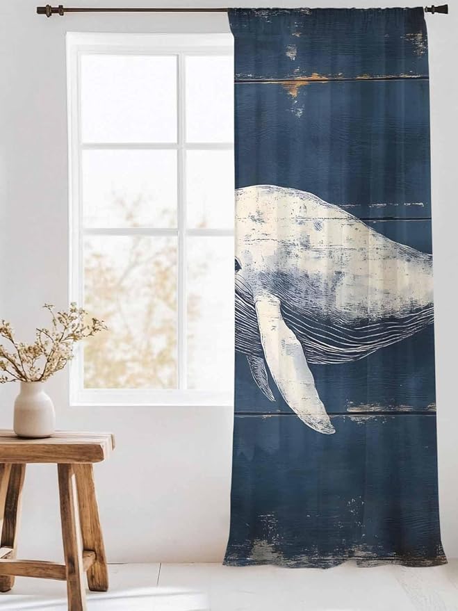 Sheer Curtains 96 Inches Long, Ocean Vintage Whale Semi Sheer Curtains Light - Image 3