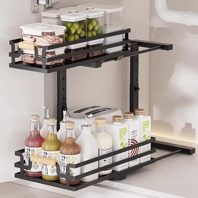 MIKEE Under Sink Organizer, 2 Tier Under Sink Organizers and Storage,Bathroom Cabinet Organizer with Adjustable Height, Pull Out Sink Shelf Cabinet Storage Shelves for Kitchen& Bathroom