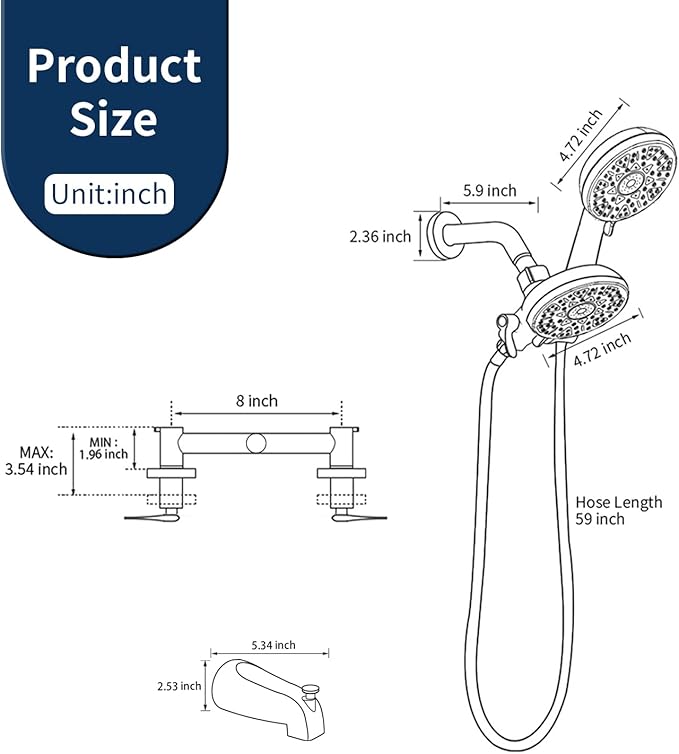 2 Handle Shower Faucet Set with Tub Spout Bathtub Shower Faucet Combo Set Shower System Complete Tub and Shower Trim Kit Brushed Gold Wall Mounted Shower Fixtures