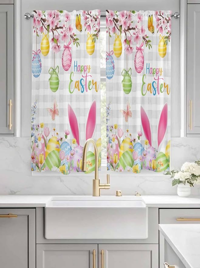 Happy Easter Bedroom Curtains 63 Inches length, Spring Watercolor Bunny Eggs - Image 3