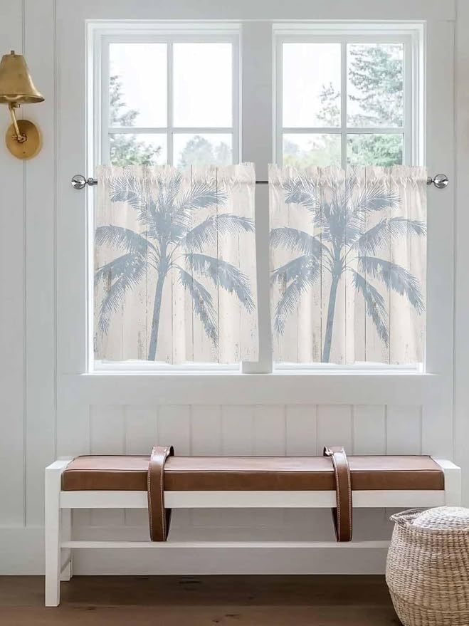 Summer Coconut Tree on Vintage Wood Grain Window Valance Curtains, Seaside by IDOWMAT