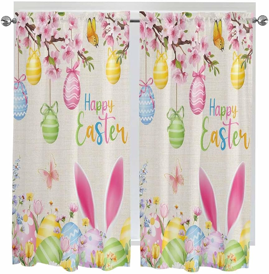 Happy Easter Bedroom Curtains 63 Inches length, Spring Farmhouse Bunny Eggs by Unknown