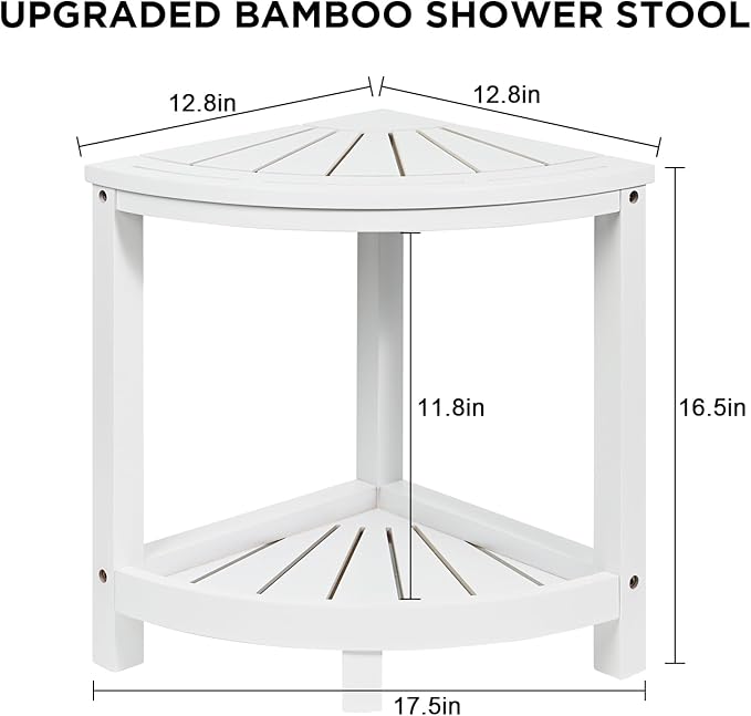 Ollieroo 2-Tier Bamboo Corner Shower Stool for Shaving Legs, Waterproof Bench with Storage Shelf and Soap Dish, Non-Slip Foot Rest (White)