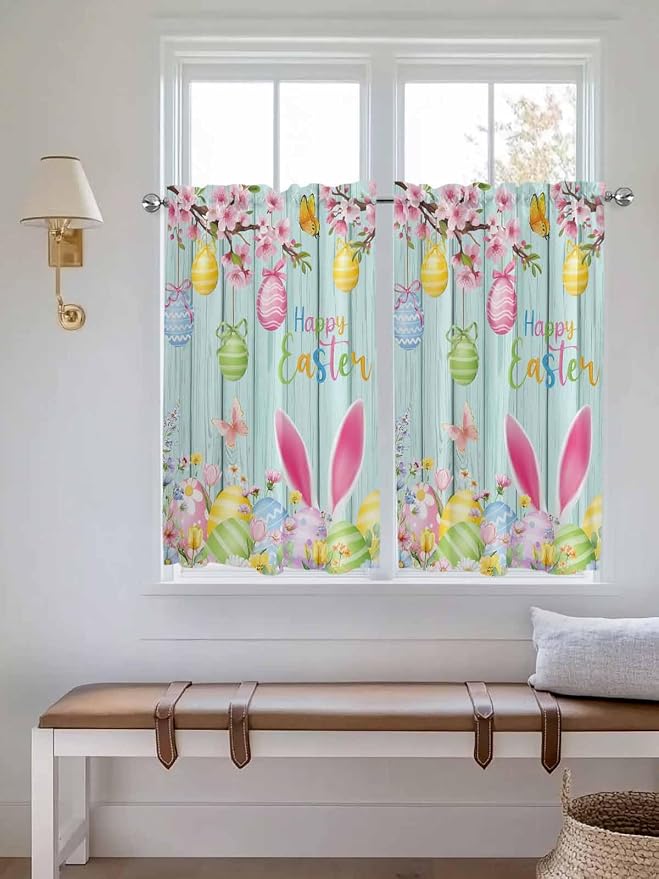 Happy Easter Kitchen Curtains 54 Inches Length, Spring Bunny Eggs Flower Teal - Image 4