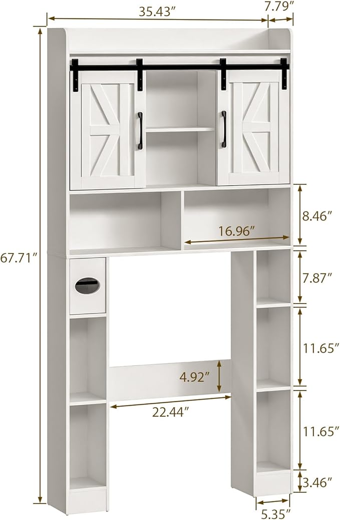 Farmhouse Storage Cabinet Over Toilet with Sliding Doors，Over The Toilet Storage Cabinet, Home Space-Saving Toilet Rack, for Bathroom, Restroom, Laundry.