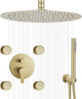 Brushed Gold Round Shower Faucet Set with Body Jets 16 Inch Shower Head Handheld Shower Combo Set High Pressure Ceiling Mount with Rough-in Valve