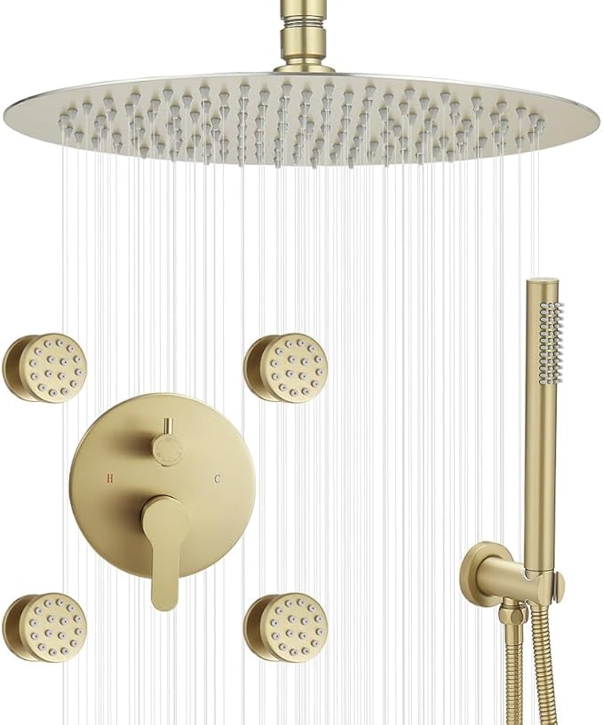 Brushed Gold Round Shower Faucet Set with Body Jets 16 Inch Shower Head Handheld Shower Combo Set High Pressure Ceiling Mount with Rough-in Valve