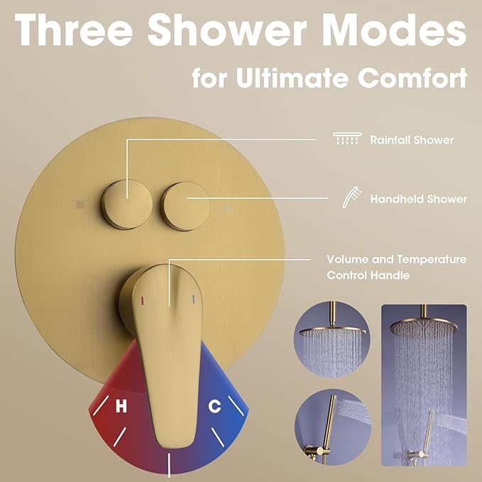 TRUSTMI 12 Inch Shower System with Pressure Balanced Valve Luxury Ceiling Mounted Rainfall and Handheld Shower Head Set Push Button Diverter, Brushed Brass Gold (Rough-In Valve and Trim Kit Include)