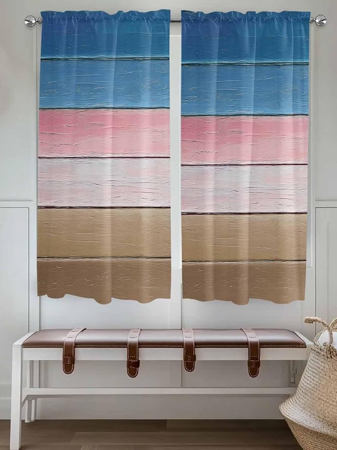 Blue Pink Brown Gradient Wood Grain Window Valance Curtains, Vintage Wood Board - Image 2