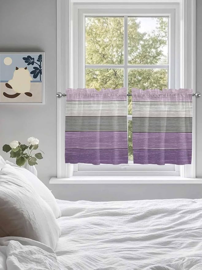 Country Wood Board Gray Purple Window Valance Curtains, Farmhouse Gradient - Image 3