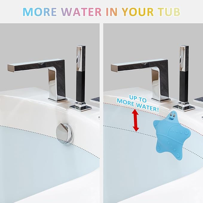 Bathtub Overflow Drain Cover, Silicone Tub Overflow Drain Cover, Soak Bathtub Drain Cover Stopper with Suction Cups, Cute Bathroom Spa Accessories Adds Inches of Water for Deeper Bath (Blue)