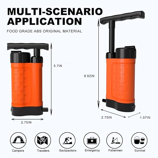 Portable Water Filter Pump, 0.01 Micron Manual Survival Water Purifier - Image 5