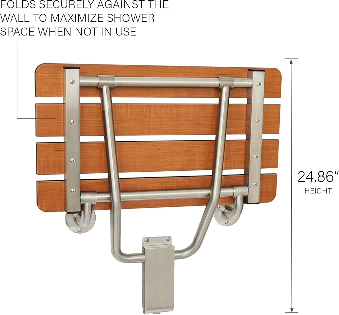 Seachrome 24-inch x 15-inch in ADA Folding Wall Mount Bathroom Shower Seat Bench, Teak Phenolic Seat