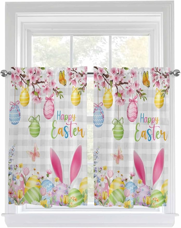 Happy Easter Kitchen Curtains 54 Inches length, Spring Watercolor Bunny Eggs by Unknown