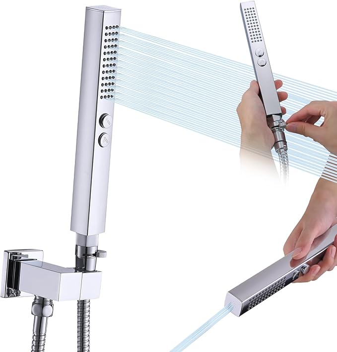 All-Metal High Pressure Square Handheld Shower Head with Jet Spray and Rainfall Modes, Volume Control Regulator, ON/OFF Switch, Hose and Wall Mounted Adjustable Bracket, Chrome Color