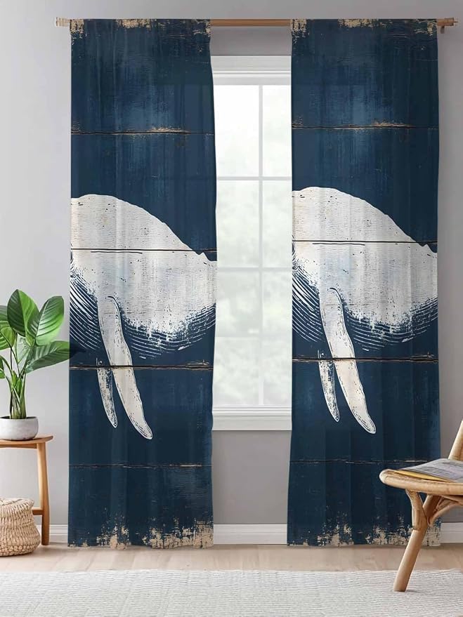 Sheer Curtains 108 Inches Long, Ocean Whale Blue Semi Sheer Curtains Light - Image 5