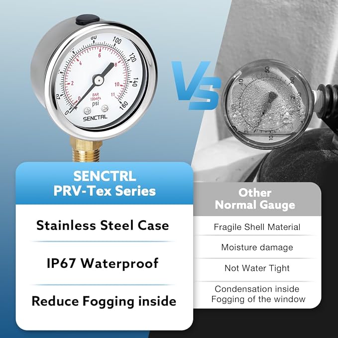 SENCTRL 0-160 Psi Pressure Gauge, 1/4 NPT Lower Mount, Waterproof, Stainless - Image 3