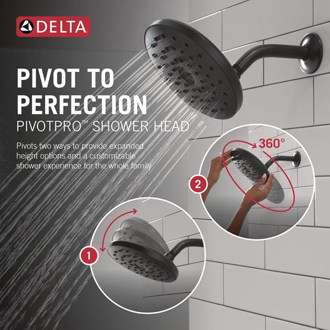 Delta PivotPro Matte Black Rain Showerhead, Single Setting 7 Inch Round Shower Head, Showerheads, 1.75 GPM Flow Rate, Matte Black 75103BL