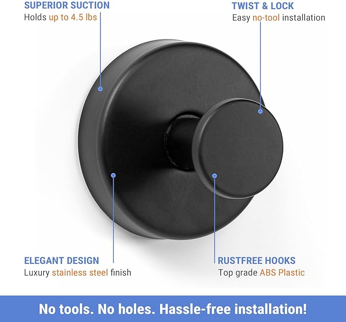 Suction Cup Hooks for Shower, Bathroom Hooks for Towels Stainless Steel Wall Hook for Hanging up to 6.5 lbs Hooks for Kitchen, Glass, Mirror (2Pcs Black)