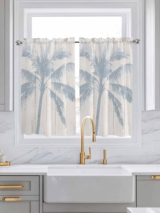 Summer Coconut Tree on Vintage Wood Grain Window Valance Curtains, Seaside - Image 2