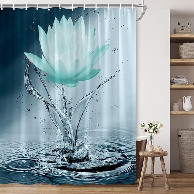 Lotus Shower Curtain Black White Teal Flower Elegant Blooming Floral with Dew Spring Flower Reflection on Water Modern Romantic Polyester Fabric Bathroom Decor 70×78 Inch with Hook