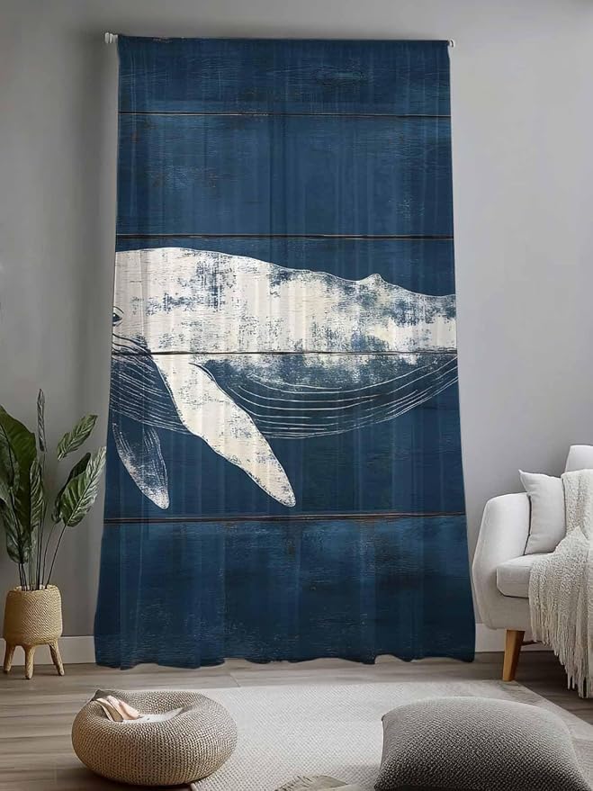 Sheer Curtains 84 Inches Long, Summer Whale Semi Sheer Curtains Light Filtering - Image 2