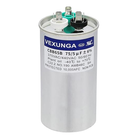 VEXUNGA 75/5 uF 75+5 MFD 370VAC or 440VAC Dual Run Start Round A/C Capacitor by VEXUNGA