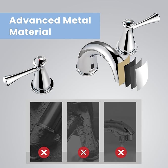Touchless Bathroom Faucet for 3 Holes with 3 Handles, Controlling Temperature & Adjustable Water Flow, Short & Long Induction Modes, Auto Motion Sensor Chromed Bathroom Faucet Set 29180