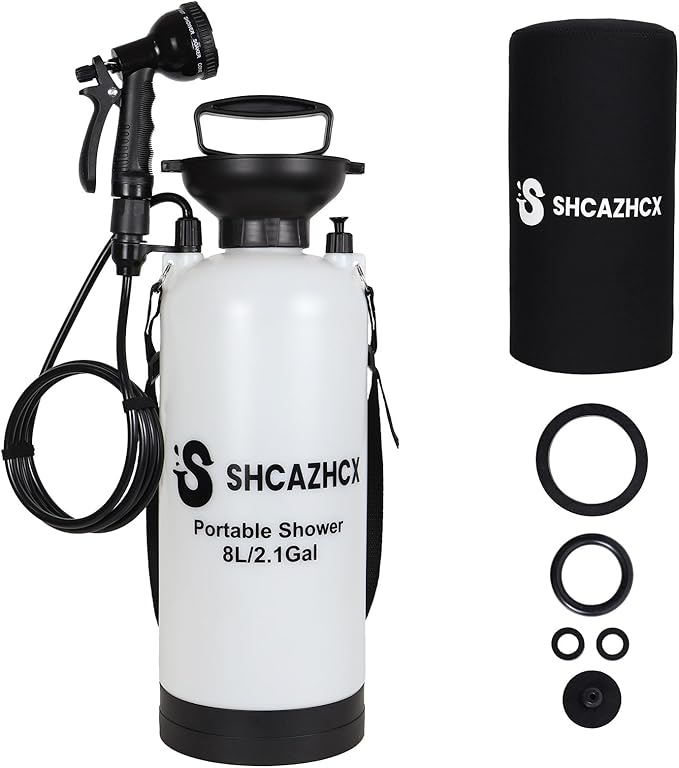 2.1 Gallon/8L Portable Outdoor Shower, 10 Spray Modes, No Power Needed, Insulated Sleeve Keeps Water Warm, Multi-Use Sprayer for Camping, Beach & Surfing, Fishing, Hiking, Road Trips, White
