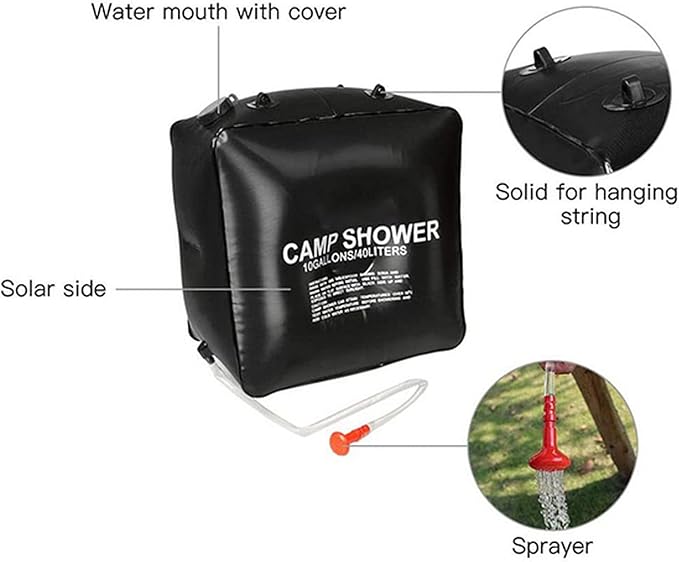 40L Solar Shower Bag, Portable Water Bag with Energy Heated System, Solar Heated Outdoor Camping Shower Bag with Advanced Shower Head, Large Capacity 10 Gallons for Hiking Beach Tr