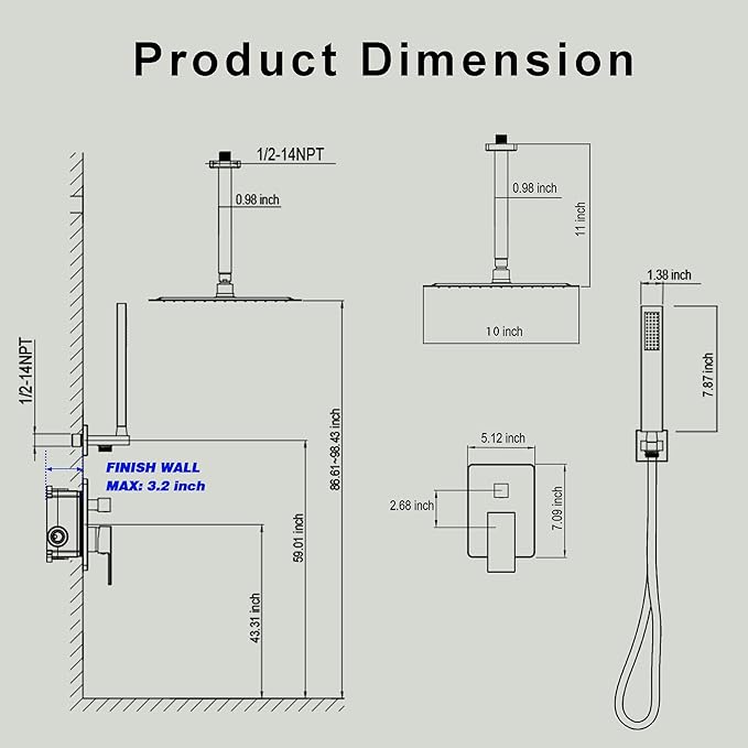 Ceiling Mount Shower Faucet Set, Black Shower System with 10-Inch Rain Showerhead and Handheld Spray Combo, High-Pressure Showerheads Set with Valve and Trim Kit, Matte Black