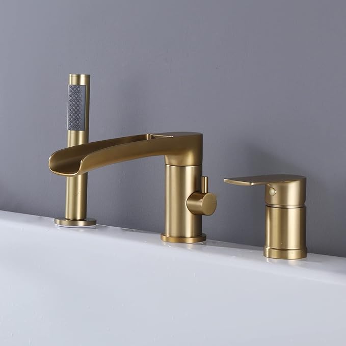 TapLong Waterfall Roman Tub Faucet with Hand Shower, Widespread Deck Mount Bathtub Faucet with Sprayer, Single-Handle 3-Holes Bathtub Shower Faucet Set in Brushed Gold, 03119BG