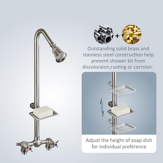 Aolemi Outdoor Shower Kit Fixtures Faucet System with High Pressure Showerhead Utility 2-Handle Exposed Shower with Brass Mix Valve 6 Inch Center with Soap Dish Brushed Nickel