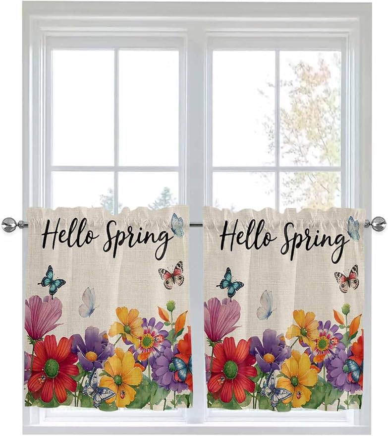 Spring Flowers Half Window Curtains 24 Inches Long, Farmhouse Vintage Country by Unknown