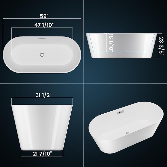 59 in Acrylic Freestanding Bathtub - Extra Deep Soaking Tub for Adults, Stand Alone Tub with Integrated Overflow Drain, CUPC Certified Modern Bathroom Tub, White