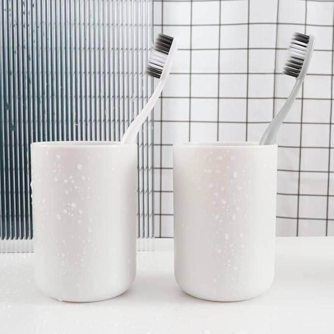 Bathroom Tumblers 2Pcs, Mouthwash Cup, Toothbrush Holders, Drink Mug, Pen Holder, Unbreakable Dishwasher Safe, 10fl.oz(300ml)/Pcs (White & White)