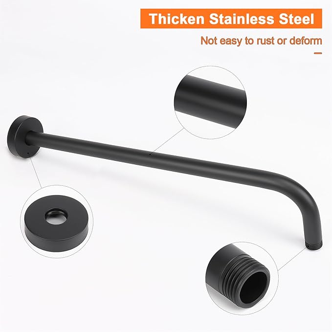 HarJue Shower Arm with Flange and Teflon Tape, Wall Mounted Shower Pipe 304 Stainless Steel Extension Arm for Fixed Shower Head & Handheld (24 Inch, Matte Black)