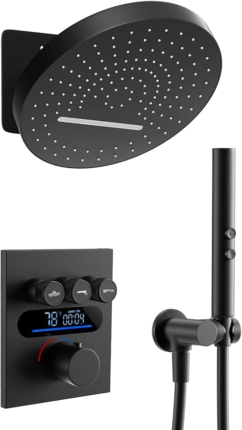 Lefton Shower System in Fahrenheit Display (Battery-free), 13” Overhead Round Rainfall Shower Head with All-in-one Handheld Spray Showerhead, 4-in-1 Control System, SSWM2501 (Matte Black)