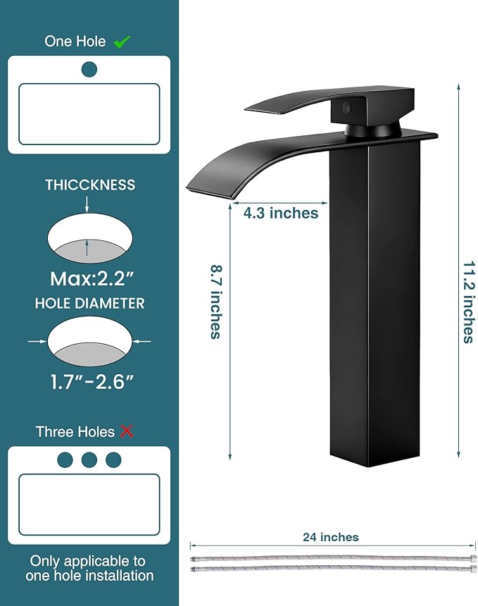 LIFG Matte Black Vessel Sink Faucet, Tall Waterfall Bathroom Faucet, Single Handle One Hole Mixer Bowl Tap with Large Rectangular Spout, Bar Sink Faucet Lavatory Vanity