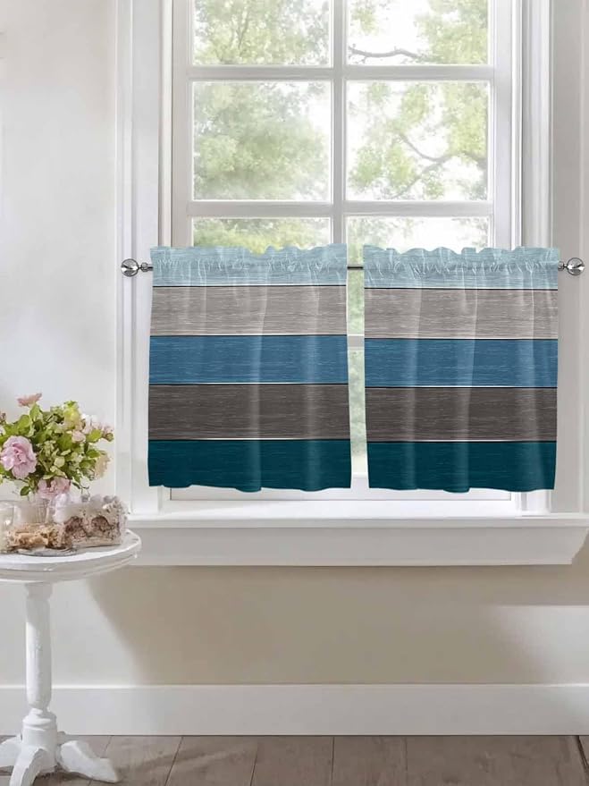 Retro Farm Blue Gray Wood Grain Window Valance Curtains, Rustic Wooden Plank - Image 4