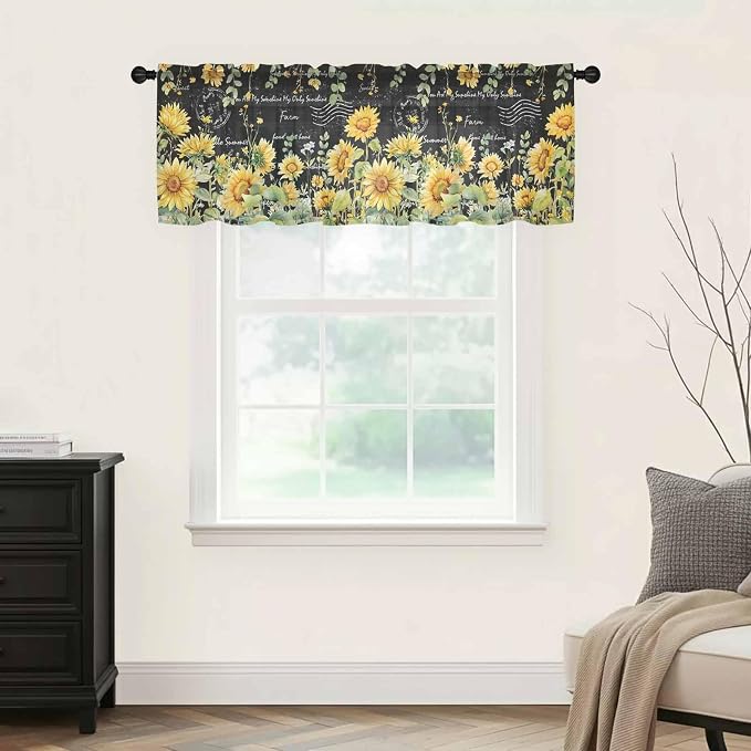 Summer Floral Sheer Valance Curtains, Watercolor Sunflower Eucalyptus Leaves - Image 5