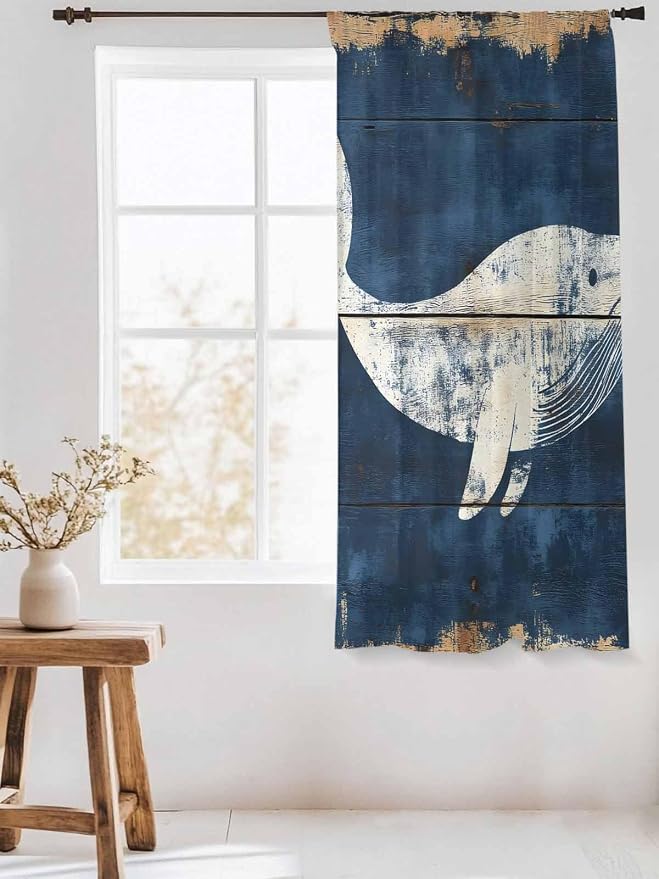 Sheer Curtains 63 Inch Length, Ocean Whale Blue Semi Sheer Curtains Light - Image 3