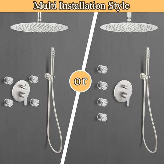 Brushed Nickel Round Shower Faucet Set with Body Jets 10 Inch Shower Head Handheld Shower Combo Set High Pressure Ceiling Mount with Rough-in Valve
