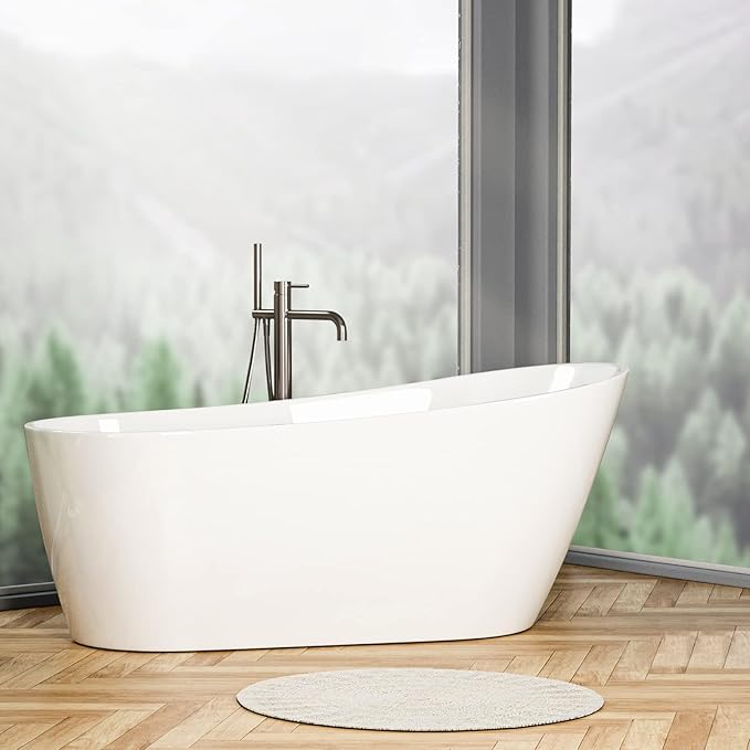 55 Inch Acrylic Freestanding Bathtub, Glossy White Contemporary Soaking Tub with Silver Toe-Tap Pop-Up Chrome Drain, Integrated Slotted Brushed Nickel Overflow, 55 Gal cUPC Certified Tub