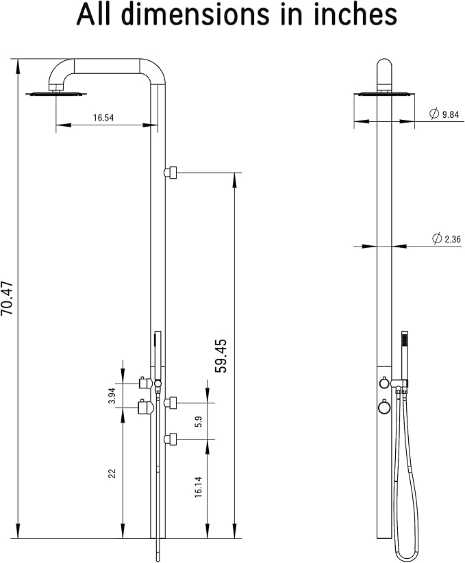 HEATGENE Outdoor Shower with Body Jets and Handheld, Wall-Mounted Shower Head for Outside/Poolside/Patio Drench Shower - Matte Black