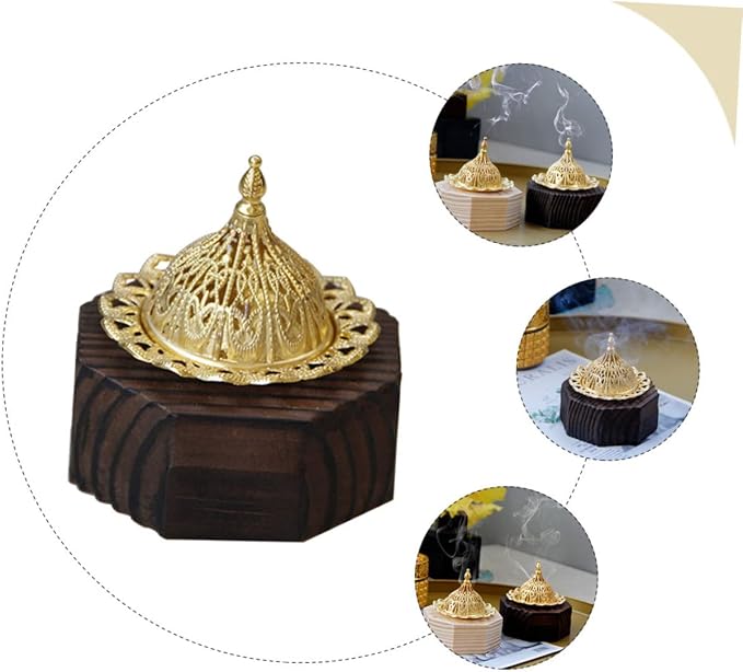 Cabilock Desktop Incense Burner Black Wooden Censer Metal Trim Octagonal Design - Image 3