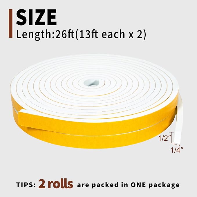 Yotache White Doors Windows Insulation Tape 1/2" x1/4", Foam Weather Stripping - Image 4